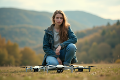 Jeune femme avec drones dans un champ vert