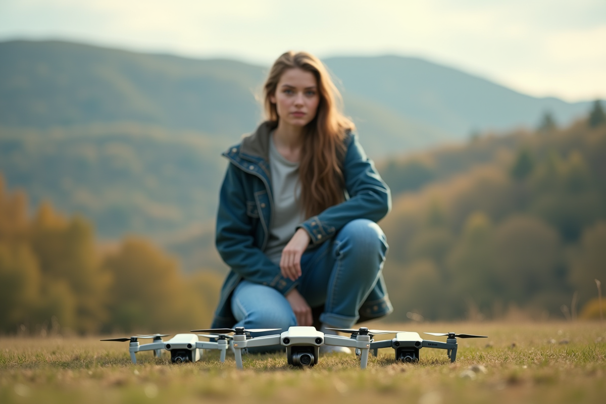 Jeune femme avec drones dans un champ vert