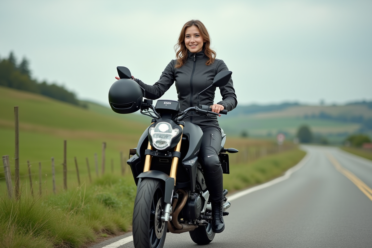 Jeune femme en moto protection sur une route rurale verte