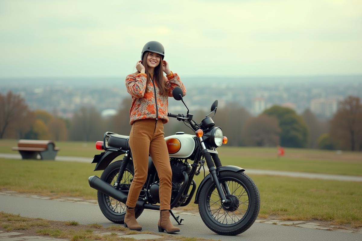 Jeune femme ajustant son casque à côté de sa moto