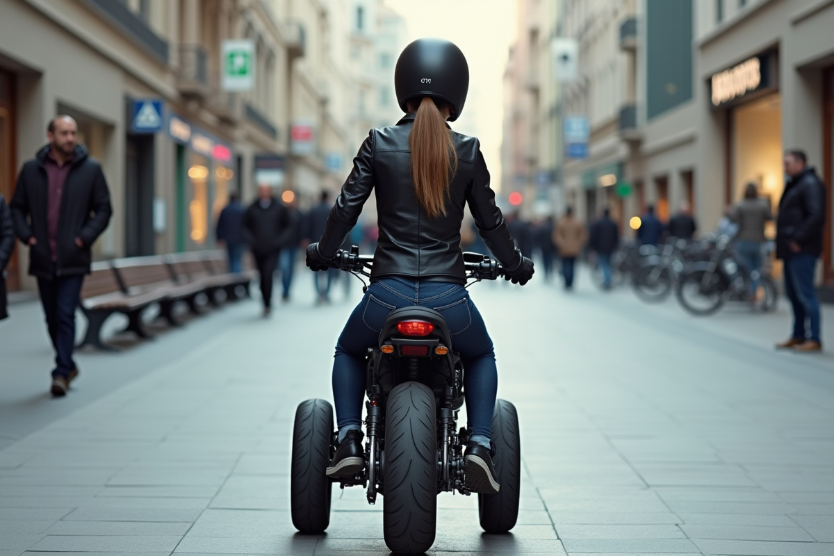 Jeune femme stationne son moto tricycle en ville