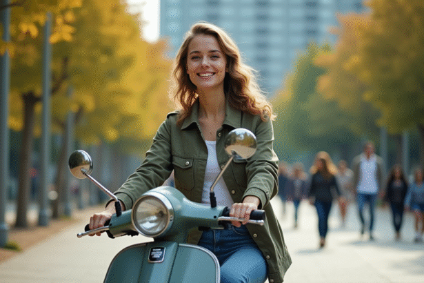 Jeune femme souriante sur scooter écologique en ville