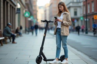 Jeune femme avec scooter électrique et smartphone en ville