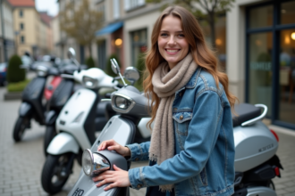 Jeune femme souriante examinant des scooters modernes en ville