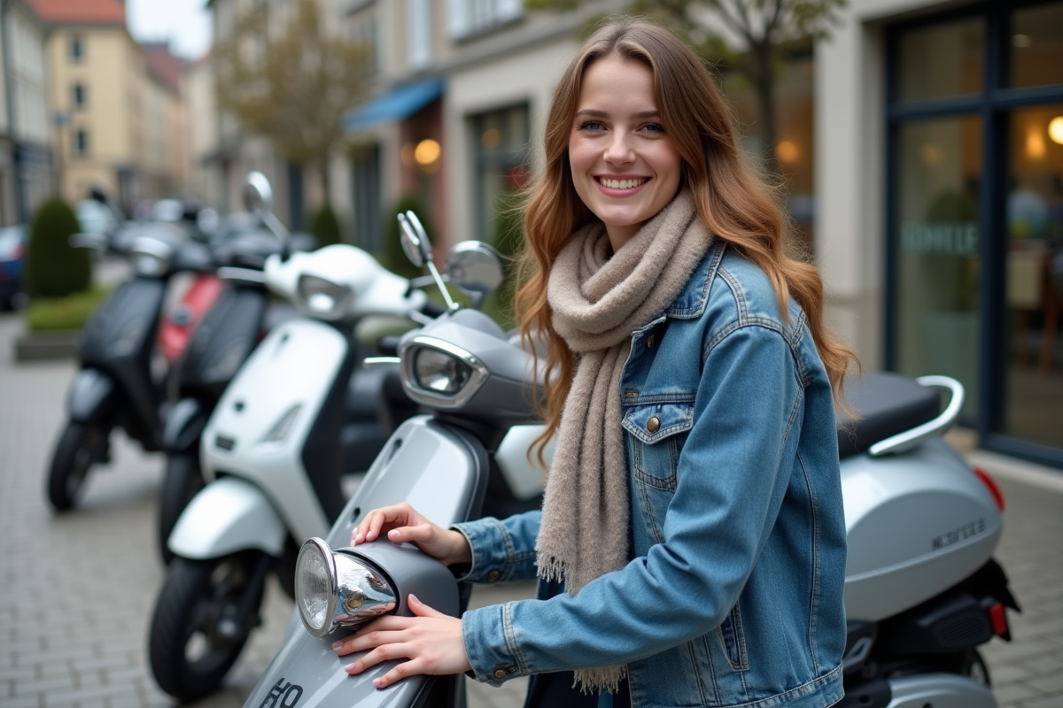 Jeune femme souriante examinant des scooters modernes en ville