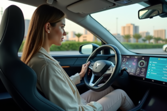 Jeune femme dans une voiture électrique futuriste au volant