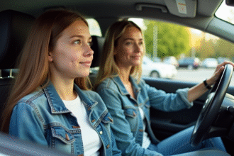 Jeune fille de 16 ans au volant d'une voiture avec sa mère
