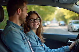 Jeune fille de 16 ans souriante dans une voiture avec son père