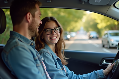 Jeune fille de 16 ans souriante dans une voiture avec son père