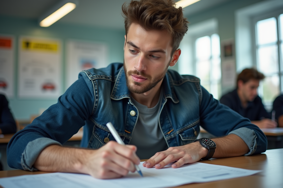 Jeune homme en classe de conduite remplissant un papier permis D