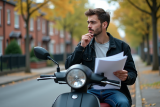 Jeune homme avec scooter et documents à la main
