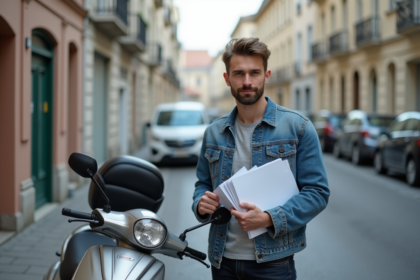 Jeune homme avec scooter et documents en ville