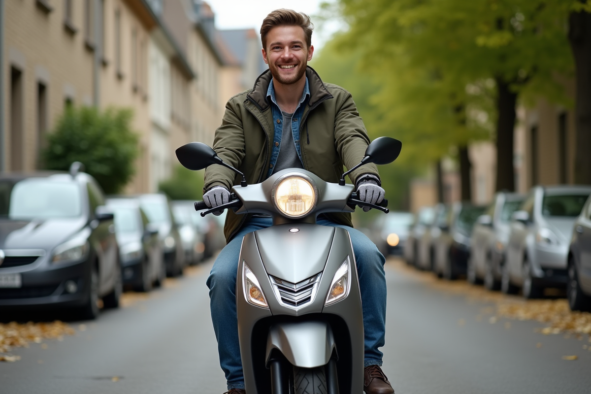 Jeune homme souriant sur un scooter en banlieue française