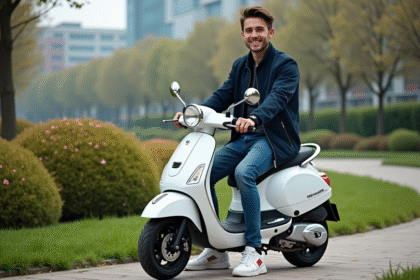 Jeune homme souriant avec scooter dans un parc urbain
