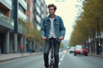 Jeune homme en denim monte un scooter en ville