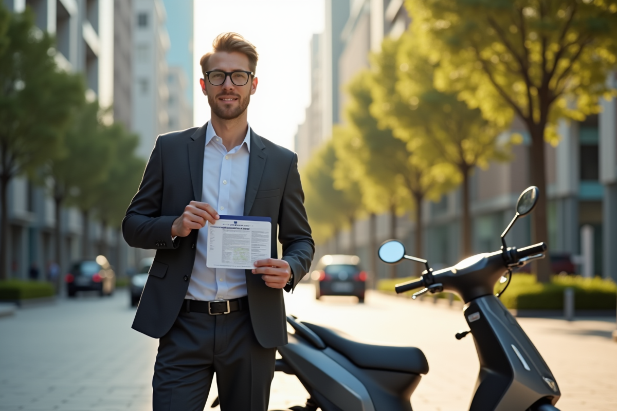 Jeune homme professionnel avec scooter électrique en ville
