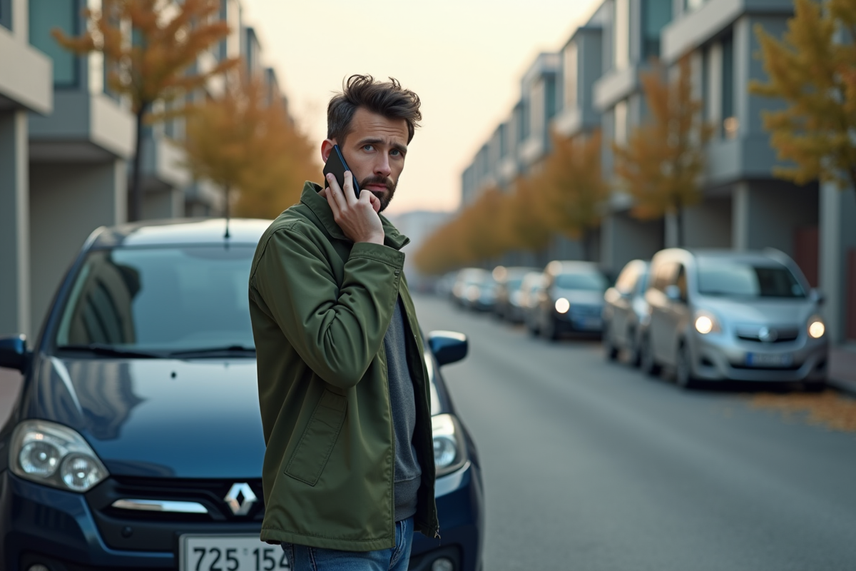 Jeune homme parlant au téléphone à côté de sa voiture en ville