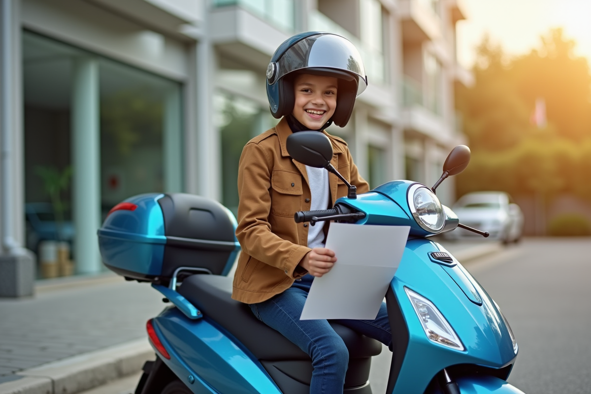 Jeune portant un casque sur un scooter moderne près d'une école de conduite