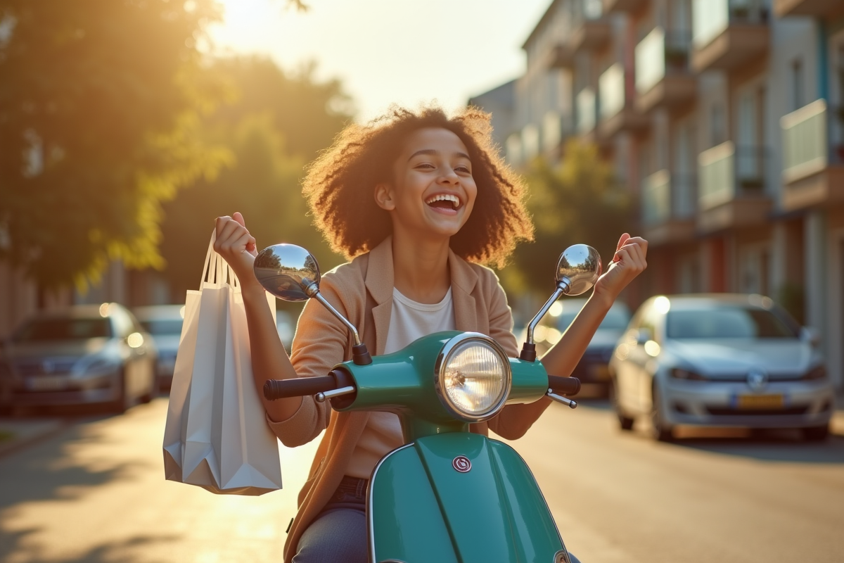 Jeune souriant avec scooter abordable dans une rue résidentielle
