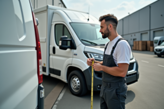 Livreur homme à côté d’un utilitaire blanc en parking industriel