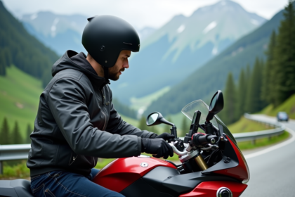 Homme en moto en montagne avec GPS et paysage verdoyant