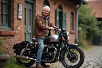 Motard senior avec moto vintage en extérieur