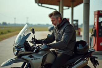 Homme en gear moto examine le réservoir d'une moto aventure à la campagne