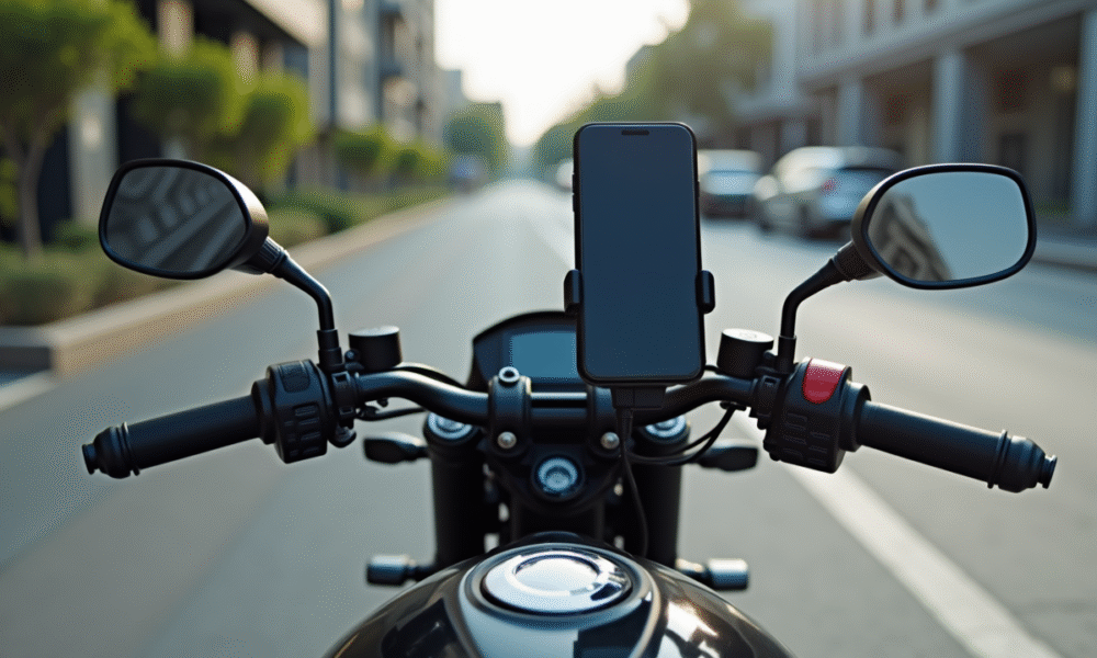 Moto moderne avec smartphone sur guidon en ville