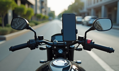 Moto moderne avec smartphone sur guidon en ville