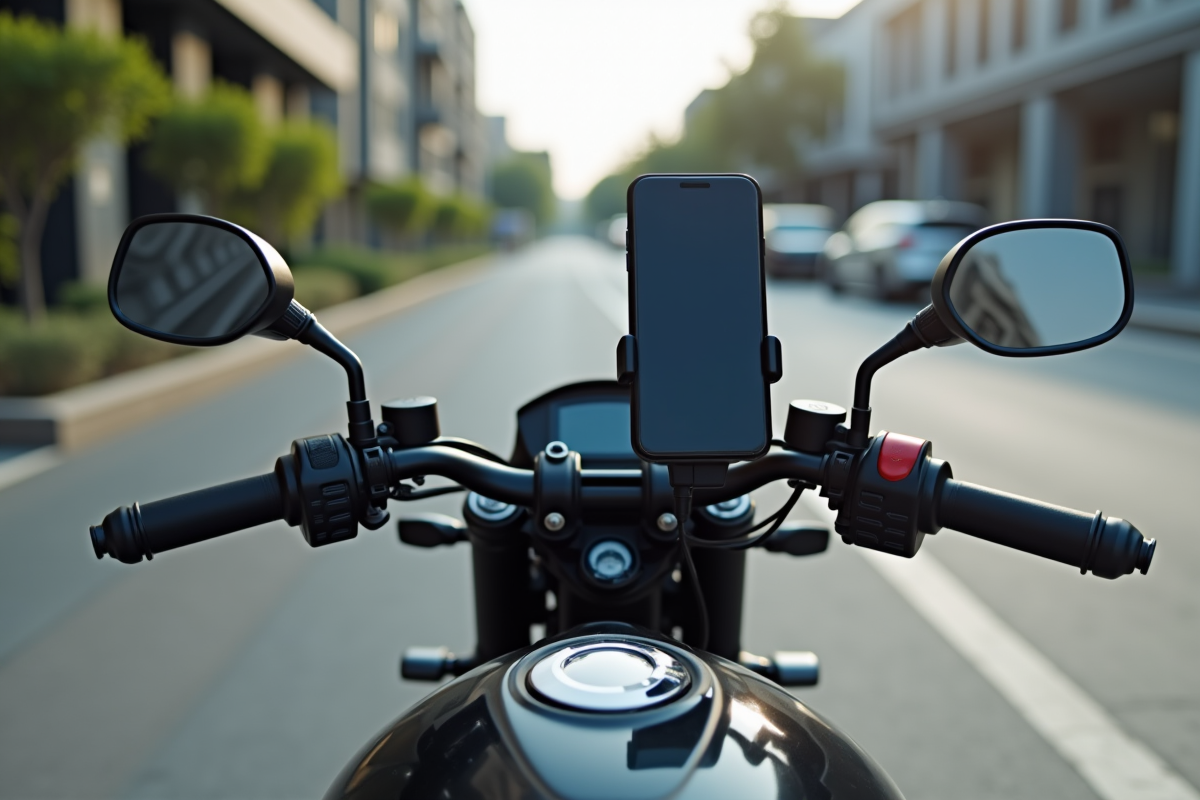 Moto moderne avec smartphone sur guidon en ville