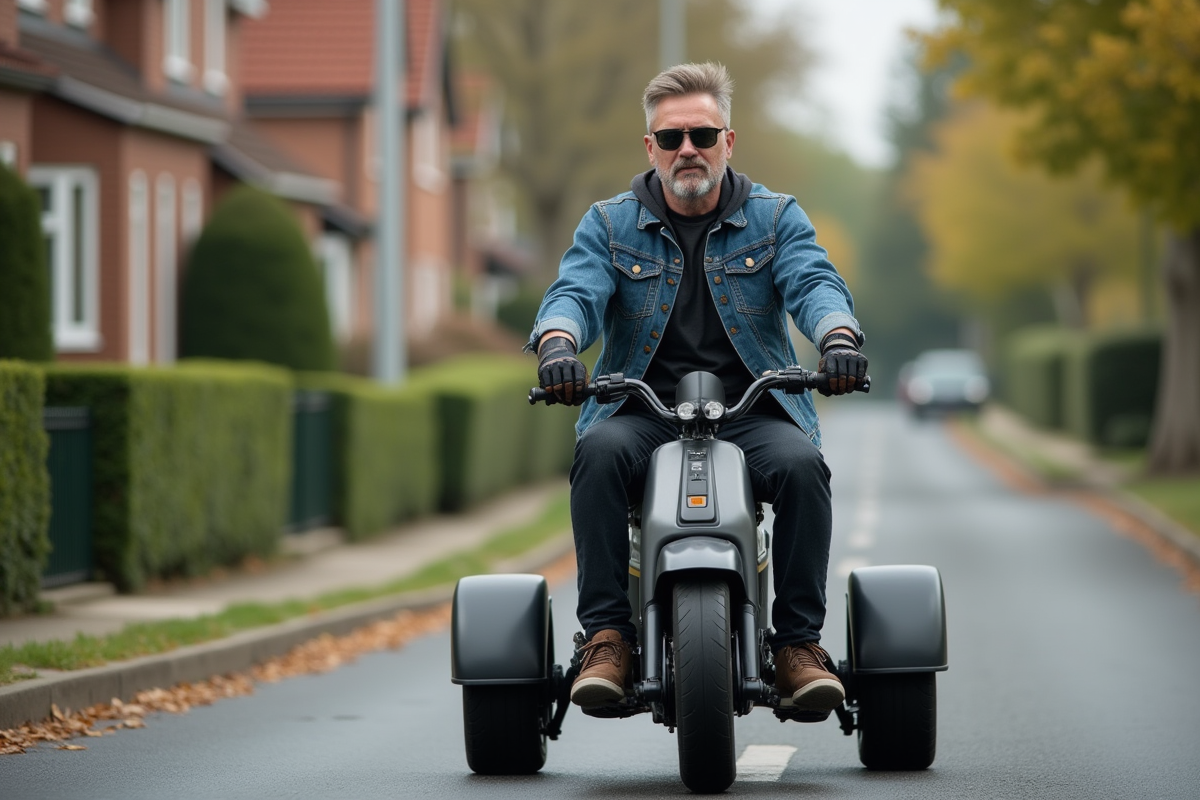 Homme d'âge moyen en moto tricycle sur route calme