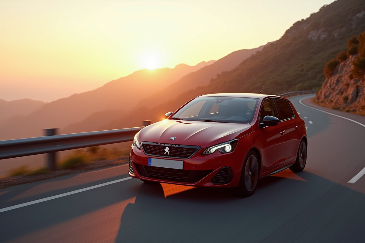 Peugeot 308 GTI roulant sur une route de montagne au coucher du soleil