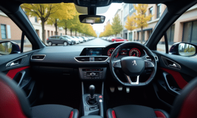 Peugeot 308 GTI dans une rue urbaine moderne avec intérieur high-tech