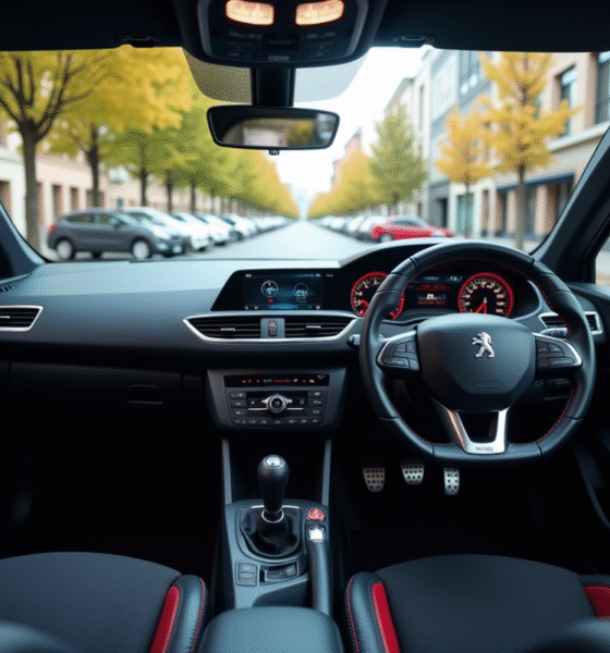 Peugeot 308 GTI dans une rue urbaine moderne avec intérieur high-tech
