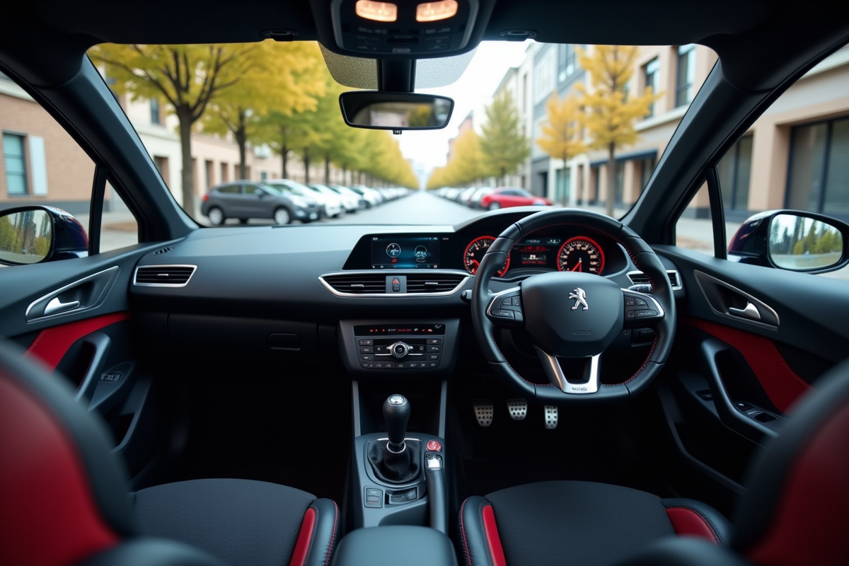 Peugeot 308 GTI dans une rue urbaine moderne avec intérieur high-tech