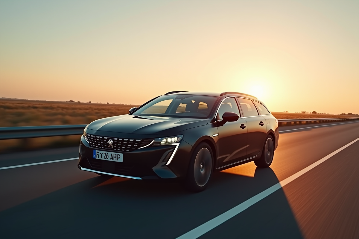 Peugeot 508 SW roulant au lever du soleil sur une route ouverte