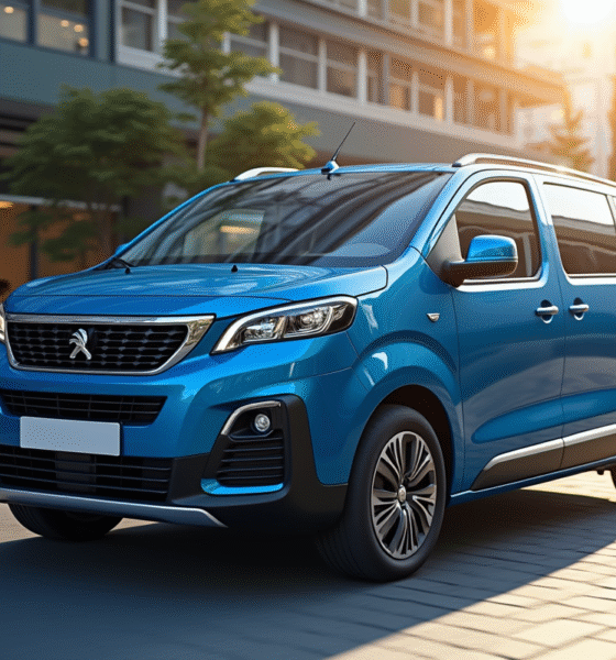 Voiture Peugeot Rifter 7 places dans une rue urbaine en journée