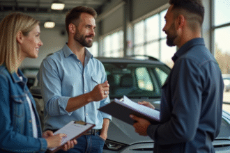 Propriétaire confiant à côté de sa voiture endommagée dans un garage auto