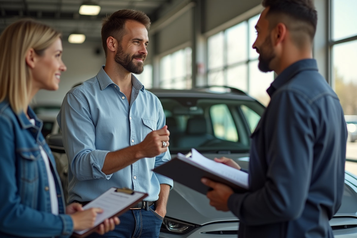 Propriétaire confiant à côté de sa voiture endommagée dans un garage auto