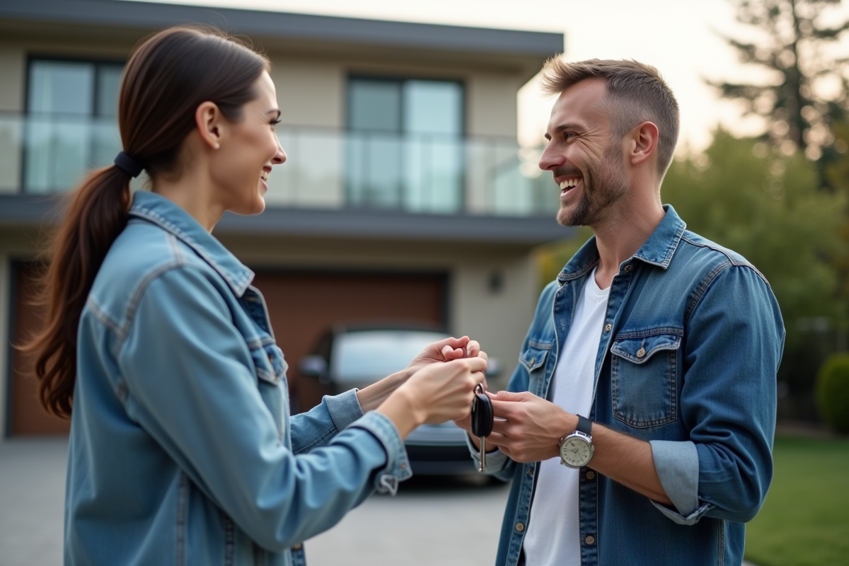 Homme et femme échangeant des clés de voiture dans un quartier