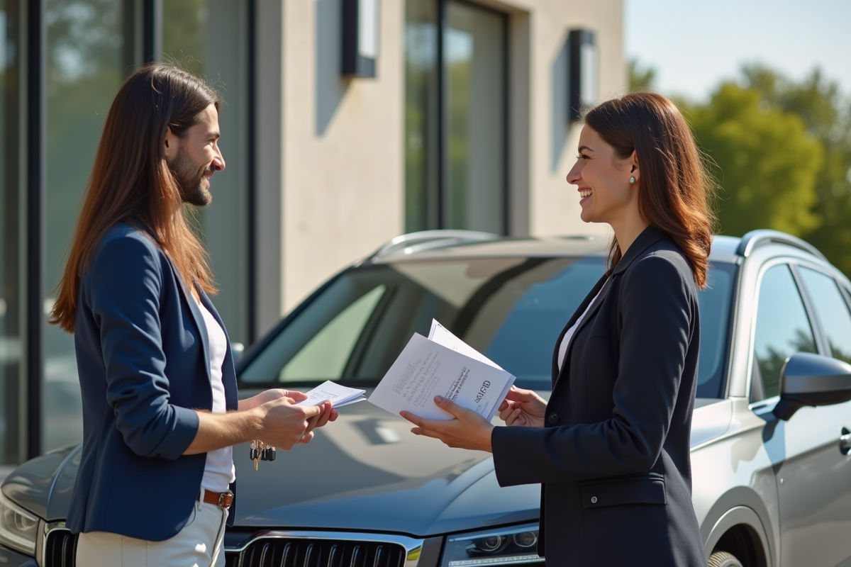 Personnes échangeant des clés de voiture devant un bâtiment français