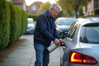 Homme versant additif antipollution dans le réservoir d'une voiture