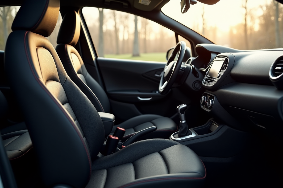 Intérieur de la Renault Clio 2 V6 avec tableau de bord et sièges