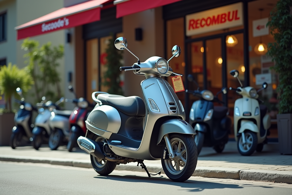 Scooter moderne neuf devant un concessionnaire urbain