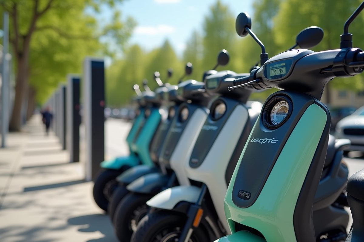 Scooters électriques colorés en charge dans un stationnement extérieur