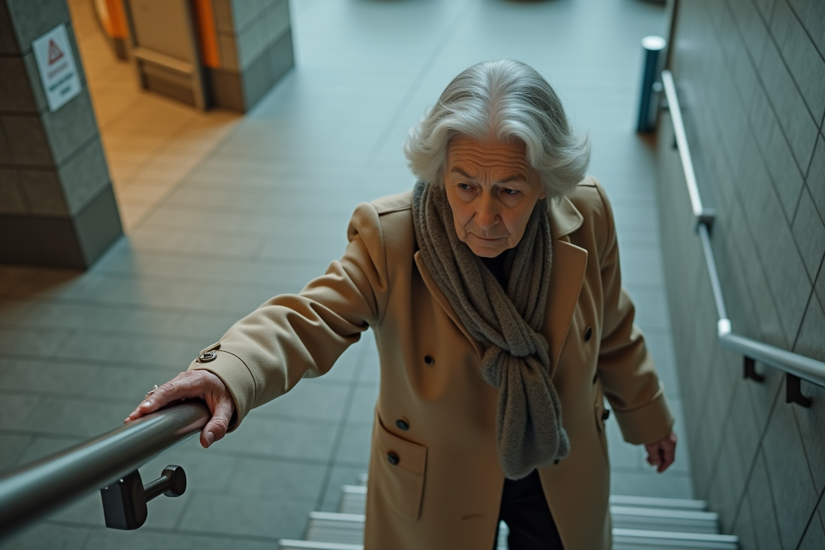 Femme âgée descendant prudemment un escalier
