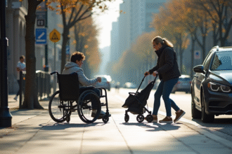 Trottoir urbain partiellement bloqué par une voiture en stationnement