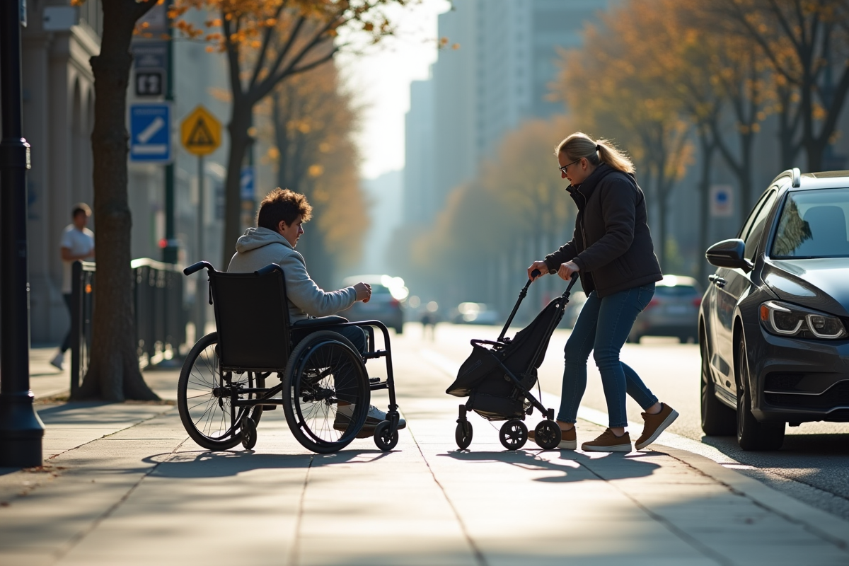 Trottoir urbain partiellement bloqué par une voiture en stationnement