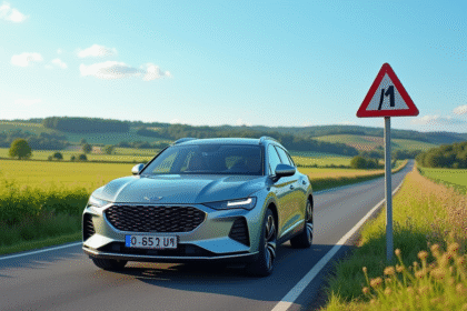 Voiture familiale moderne avec plaques étrangères devant un panneau français