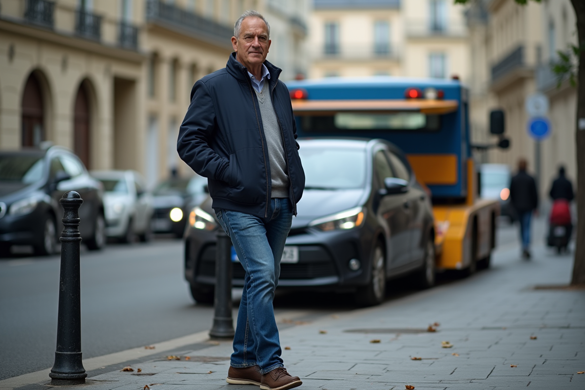 Homme inquiet devant sa voiture chargée sur une dépanneuse à Paris